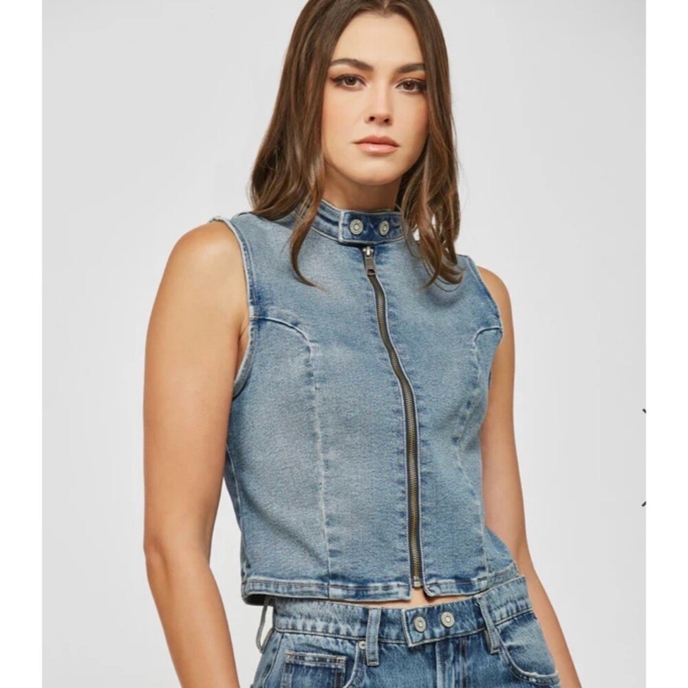 Hidden Jeans Vest Womens Denim Moto Biker Zip Front Sleeveless